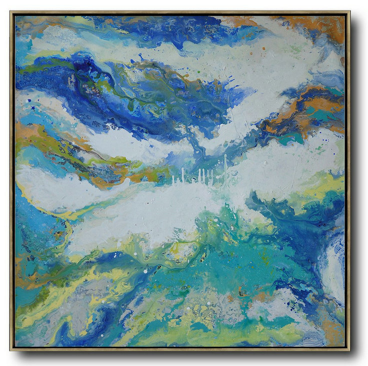 Handmade Large Contemporary Art,Contemporary Oil Painting,Hand-Painted Contemporary Art,White,Orange,Blue,Lake Blue
